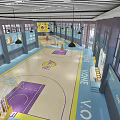 Indoor Basketball Gym Interior With Wooden Floor Yellow Logo Purple Areas And Motivational Wall Slogans