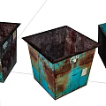 Public Facilities Square Rusty Metal Containers With Blue And Brown Patina