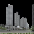 Modern High Rise Office Building With Glass Curtain Wall And Urban Landscape