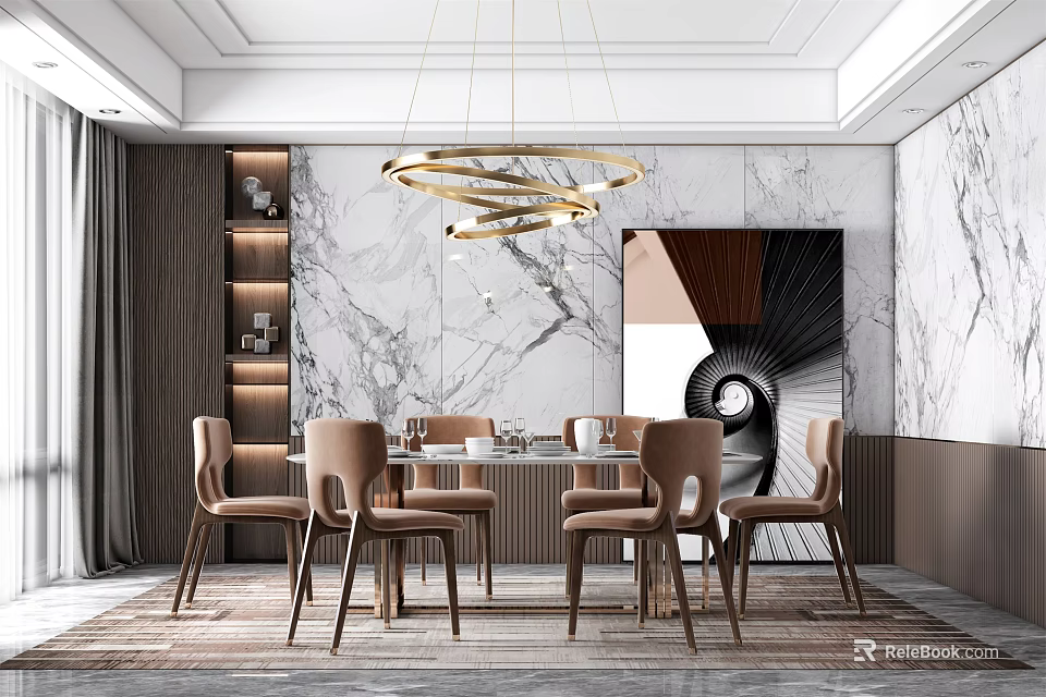 Elegant Modern Restaurant Interior Design With Marble Wall And Circular Pendant Light 3d model