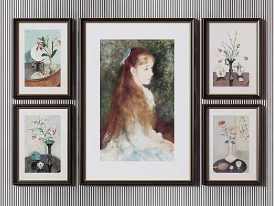 Dark Framed Wall Art Set With Central Girl Portrait And Surrounding Floral Still Lifes 3d model