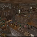 Vintage Bookstore Interior With Wooden Shelves Counters Chandeliers And Staircase Rug