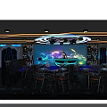 Modern Bar Interior With Colorful Light Background DJ Stage And Glass Tables