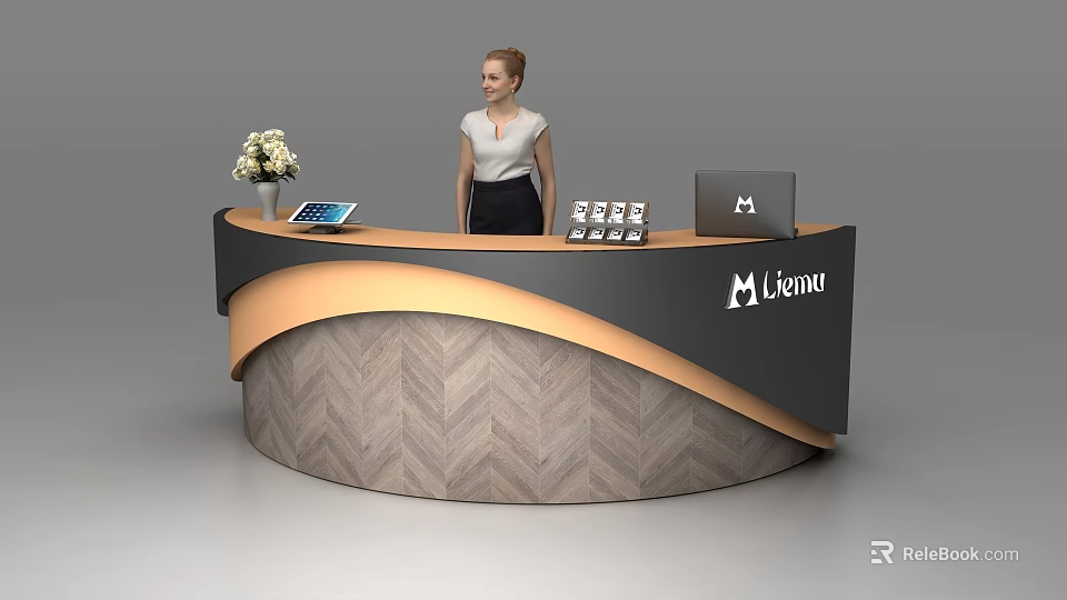 Modern Curved Reception Desk With Wooden Herringbone Pattern Laptop Tablet Flower Arrangement And Receptionist 3d model 