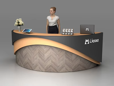 Modern Curved Reception Desk With Wooden Herringbone Pattern Laptop Tablet Flower Arrangement And Receptionist 3d model
