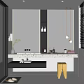 Modern Bathroom Interior Design With Large Mirror Marble Countertop And Wooden Stool