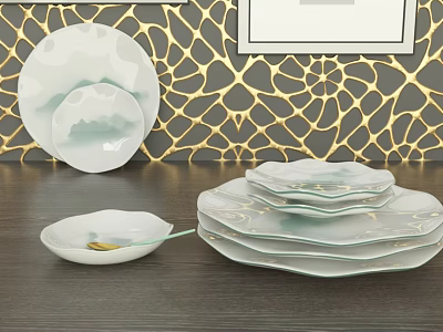 White Light Green Tableware Set With Stacked Plates Bowls Spoon On Dark Wooden Table 3d model