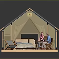 Glamping Tent Interior With Wooden Floor Bed Table Chairs And People Sitting Comfortably