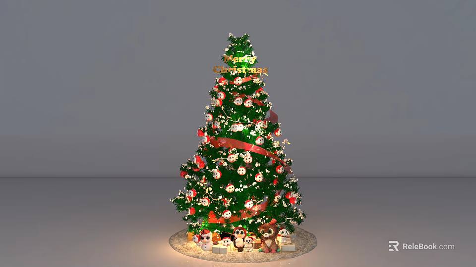 Decorated Christmas Tree With Colorful Ornaments Red Ribbon And Small Snowmen 3d model 