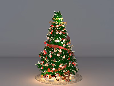 Decorated Christmas Tree With Colorful Ornaments Red Ribbon And Small Snowmen 3d model