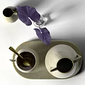 Beige Ceramic Tableware Set With Tray Large Jug Small Jug Cup And Purple Leaves