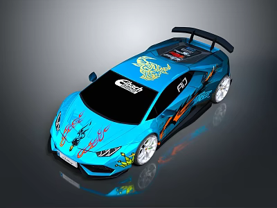 Blue Sports Car With Colorful Graffiti Stickers And Rear Spoiler Design 3d model