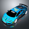 Blue Sports Car With Colorful Graffiti Stickers And Rear Spoiler Design