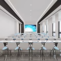 Modern Conference Room With Long Table Multiple Seats Large Screen And Bright Windows 3d model