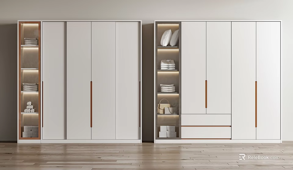 Modern White Wardrobe Interior Design With Wooden Handles Storage Shelves And Drawers 3d model 