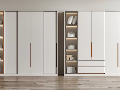 Modern White Wardrobe Interior Design With Wooden Handles Storage Shelves And Drawers 3d model