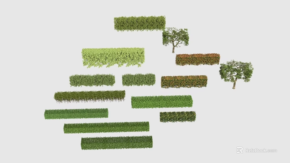 Diverse Garden Landscape Elements With Various Shaped Colored Hedges And Trees 3d model 