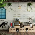 Vintage Decorative Ornament Combination with Green Plants Wooden Bases and Corner Display Setup