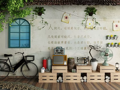 Vintage Decorative Ornament Combination with Green Plants Wooden Bases and Corner Display Setup 3d model