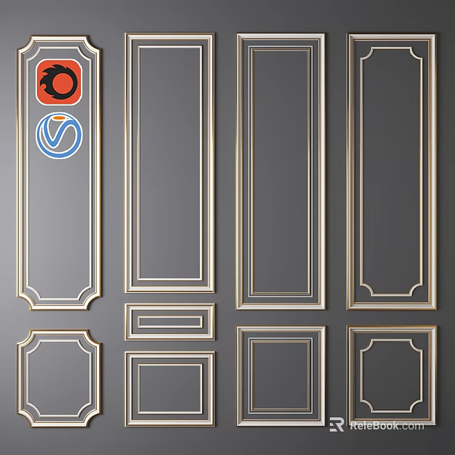 Elegant Decorative Wall Components With Golden Borders And Rectangular Design On Gray Background 3d model 