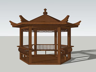 Traditional Chinese Wooden Pavilion With Curved Eaves Seats And Railing Structure 3d model