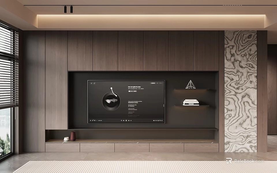 Modern Wooden TV Stand Interior Design With Built-in TV Display Shelf And Storage Drawers 3d model 