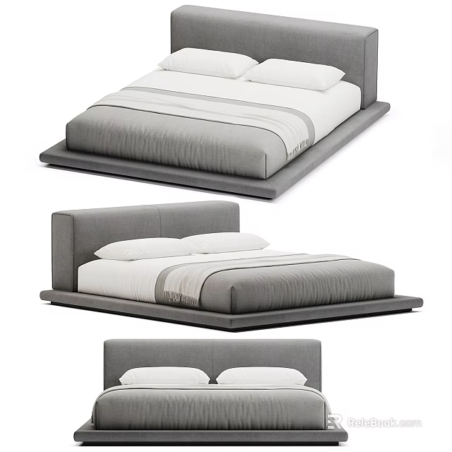 Modern Grey Upholstered Double Bed With Sleek Headboard And White Linen 3d model