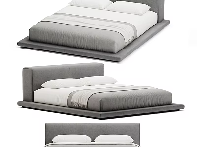 Modern Grey Upholstered Double Bed With Sleek Headboard And White Linen 3d model