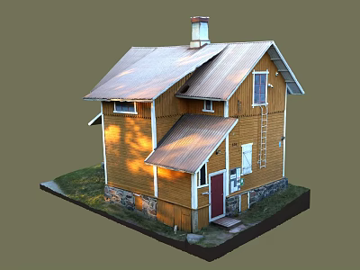 Yellow Wooden House With Metal Roof Chimney Ladder Red Door And Grass Surroundings 3d model