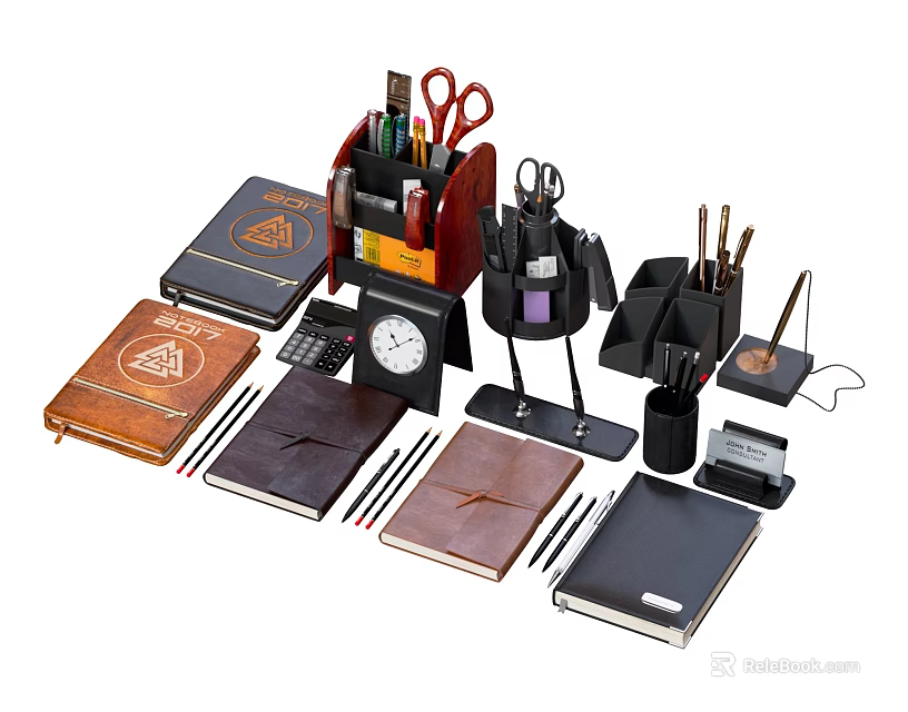 Essential Office Desk Supplies With Notebooks Pens Scissors Calculator Clock And Lamp 3d model 