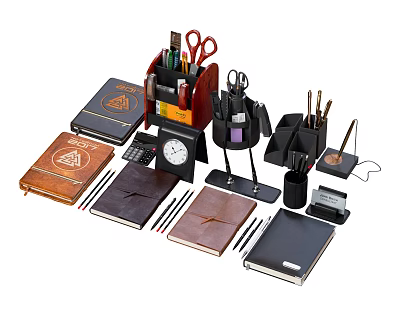Essential Office Desk Supplies With Notebooks Pens Scissors Calculator Clock And Lamp 3d model