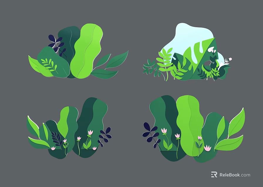 Botanical Plant Wall Decor With Green Leaves And Small Flowers Various Designs 3d model 