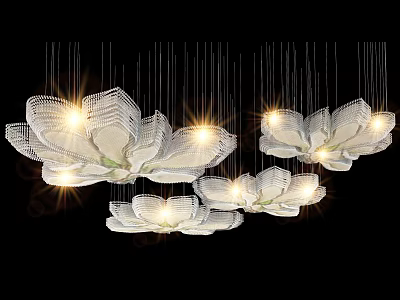 Elegant White Petal Shaped Crystal Chandeliers Illuminated Hanging Against Black Background 3d model