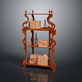 Classic Carved Wooden Bookcase With Shelves Stacked Books And Decorative Oil Lamp