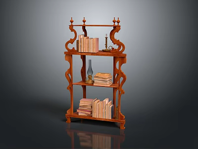 Classic Carved Wooden Bookcase With Shelves Stacked Books And Decorative Oil Lamp 3d model