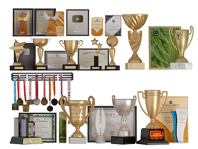 Gold Silver Bronze Trophy Cups Medal Necklaces And Certificates Award Collection 3d model