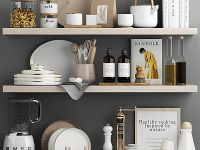 Kitchen Utensils Display on Shelves with Plates Jars Blender and Healthy Cooking Book 3d model