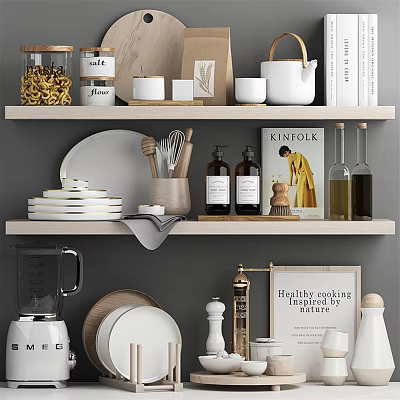 Kitchen Utensils Display on Shelves with Plates Jars Blender and Healthy Cooking Book 3d model