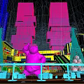 Illuminated Night View of Urban Plaza with Tall Buildings Giant Panda Christmas Trees and Gifts