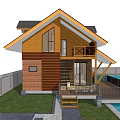 Detached Villa on Water with Wooden Exterior Large Windows Balcony and Gray Roof