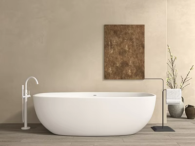 White Freestanding Bathtub In Bathroom With Beige Wall Brown Painting White Faucet And Wooden Floor 3d model