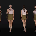 Woman Wearing Pink Blouse Green Shorts With Brown Handbag High Heels Multiple Angles