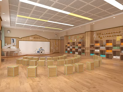 Kindergarten Bright Activity Room With Wooden Floor Small Stools Projection Screen And Bookshelves 3d model
