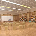 Kindergarten Bright Activity Room With Wooden Floor Small Stools Projection Screen And Bookshelves