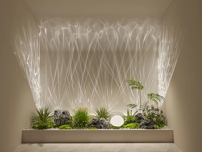 White Linear Decorative Lights With Green Plants Stones And Round Lamps In Modern Interior 3d model