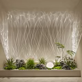 White Linear Decorative Lights With Green Plants Stones And Round Lamps In Modern Interior
