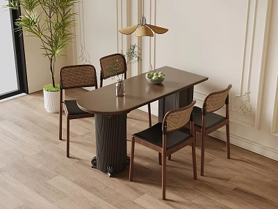 Modern Wooden Dining Table Set with Rectangular Top Wicker Back Chairs Lamp and Potted Plant 3d model