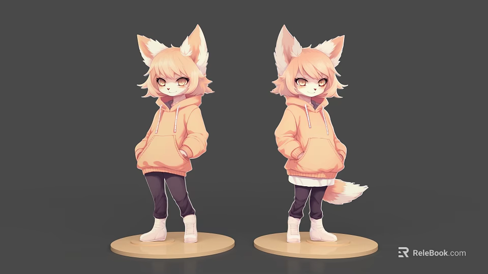 Game Movie Character With Cat Ears Orange Hoodie Black Pants White Shoes Tail Standing Pose 3d model 