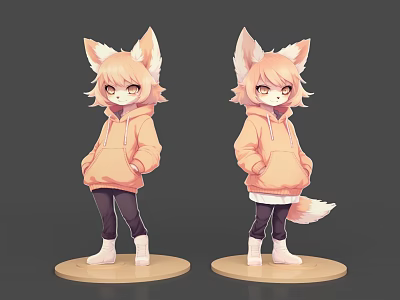 Game Movie Character With Cat Ears Orange Hoodie Black Pants White Shoes Tail Standing Pose 3d model
