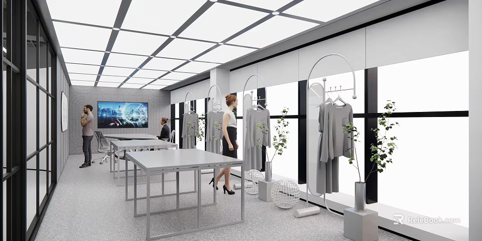 Modern Clothing Store Interior With Clothes Racks Bright Lighting Windows And Green Plants 3d model 